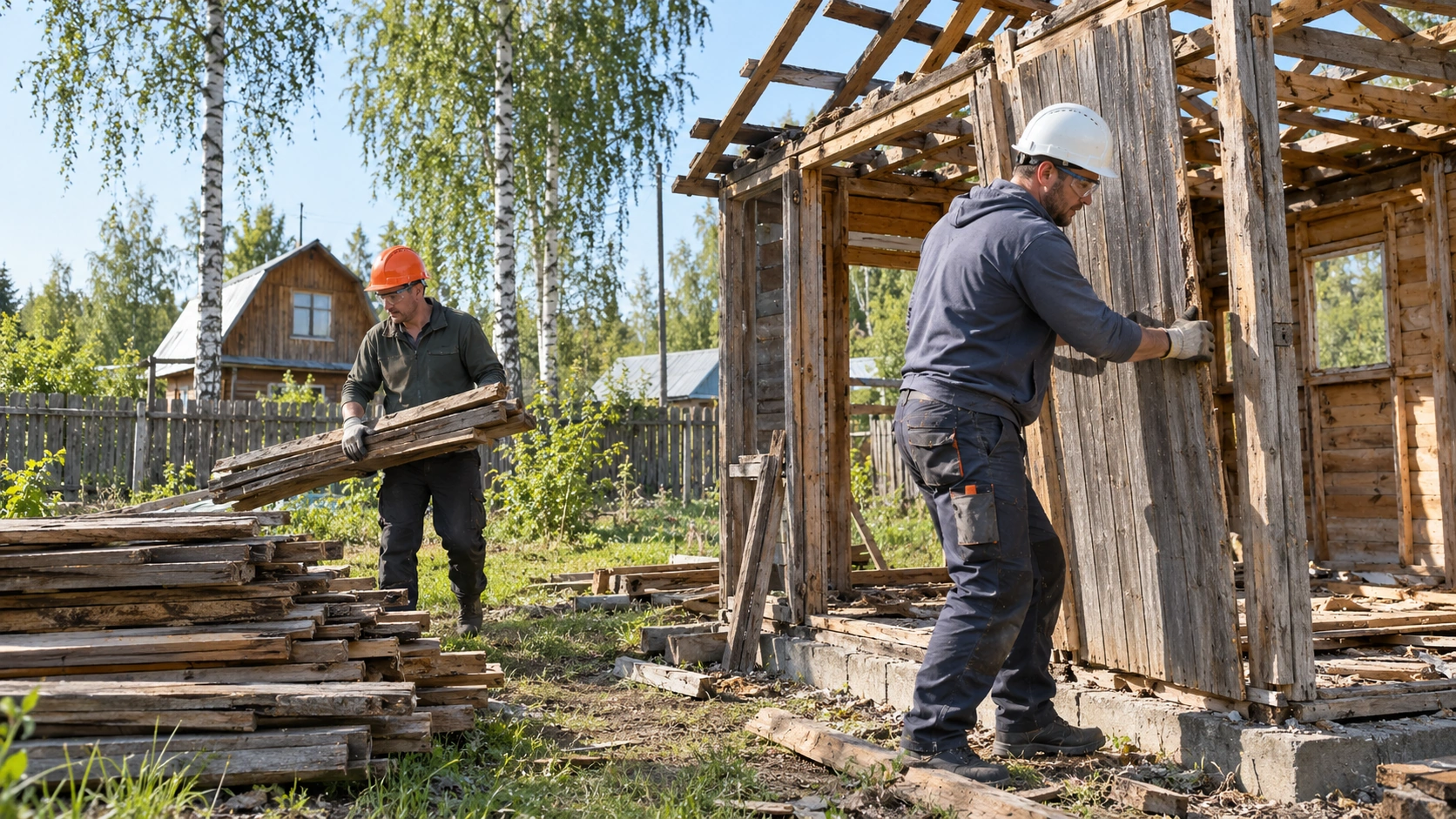 Рабочие разбирают старую деревянную постройку
