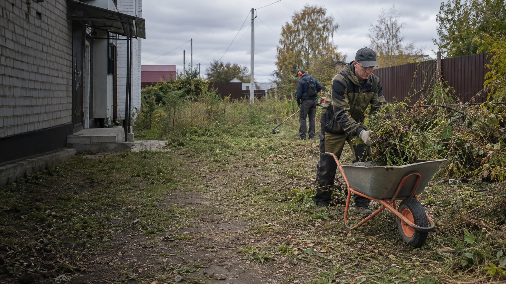 Рабочие приводят в порядок заросшую территорию